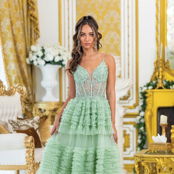 New Maxi Ruffled Sage Semi Ball Gown w/ Floral Bodice & Lace Up Back DQ 4476 - Picture 3 of 8